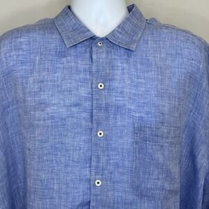 Peter Millar Linen Short Sleeve Button Up Vacation Blue Dress Shirt Size 2XL